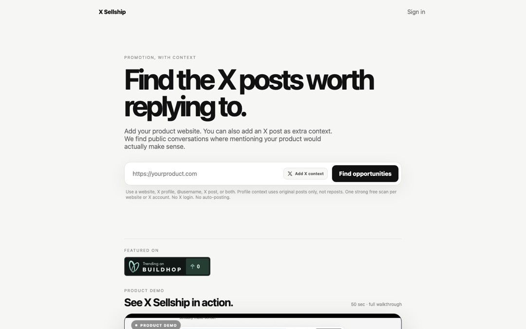 Live screenshot of the X-sellship product